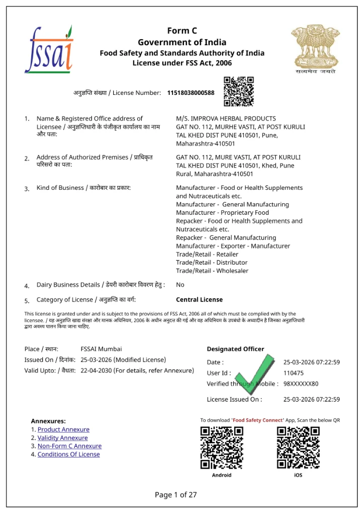 FSSAI Form C Central License - Improva Herbal Products